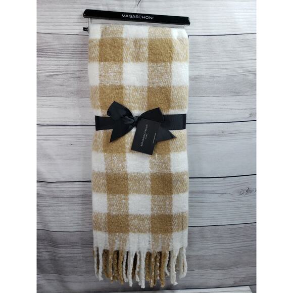 Magaschoni Home Throw Blanket 50"x60" Fringed Faux Mohair Plaid Brown & White - Picture 2 of 7